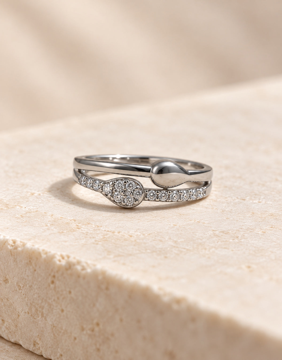 Orneza Silver-Tone Pave Teardrop Double Band Ring — front view
