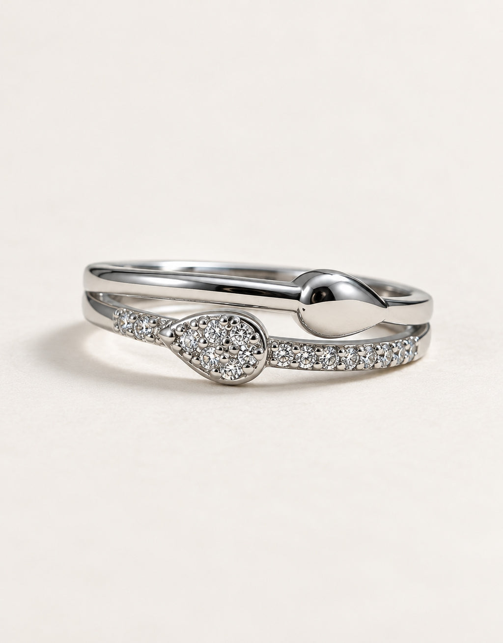 Orneza Silver-Tone Pave Teardrop Double Band Ring — angle view