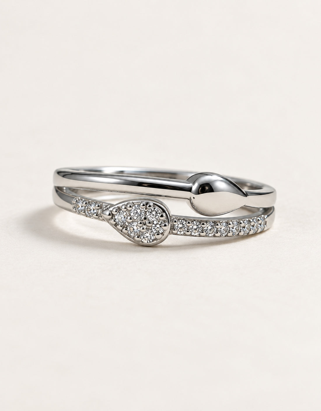 Orneza Silver-Tone Pave Teardrop Double Band Ring — angle view