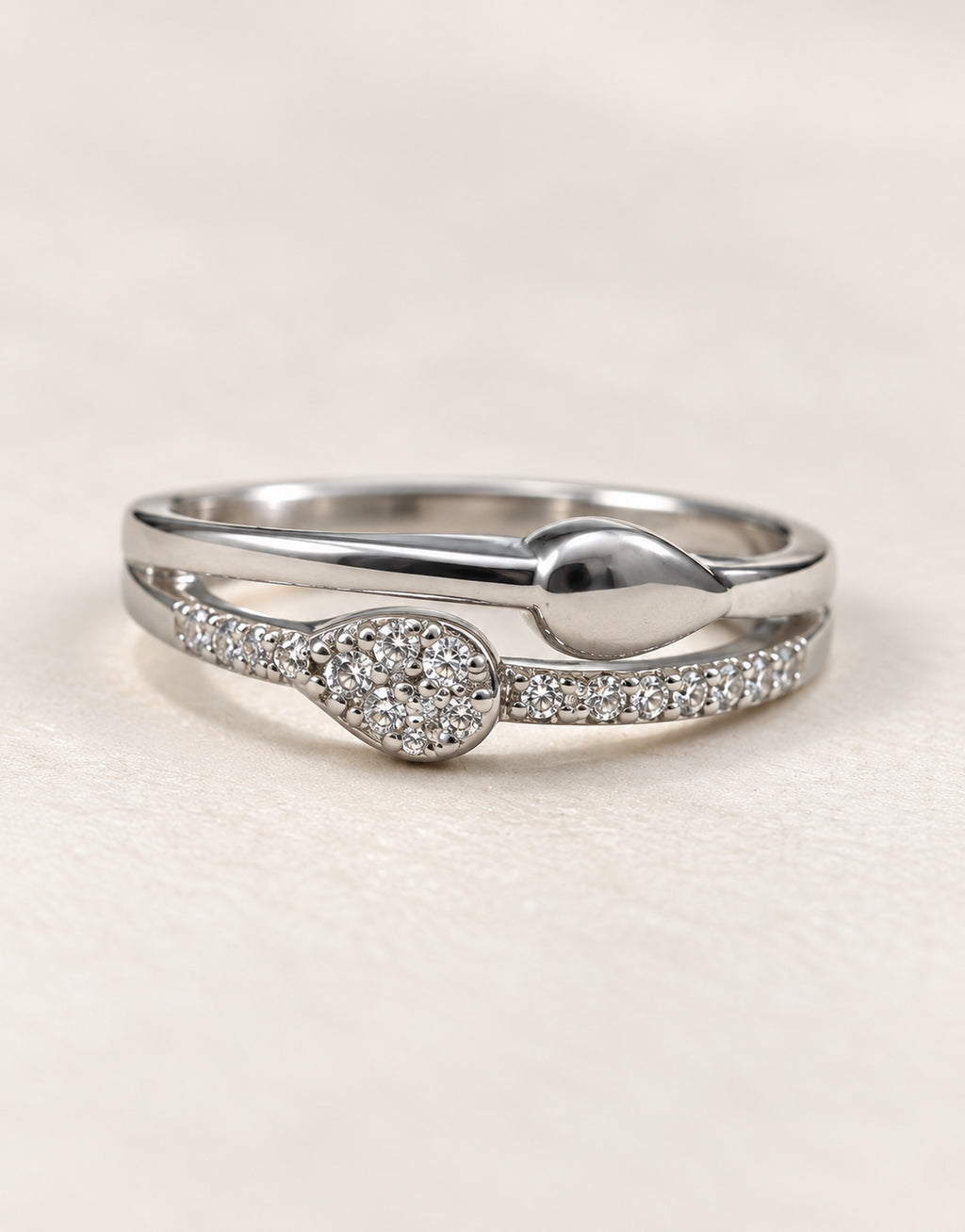 Orneza Silver-Tone Pave Teardrop Double Band Ring — detail view