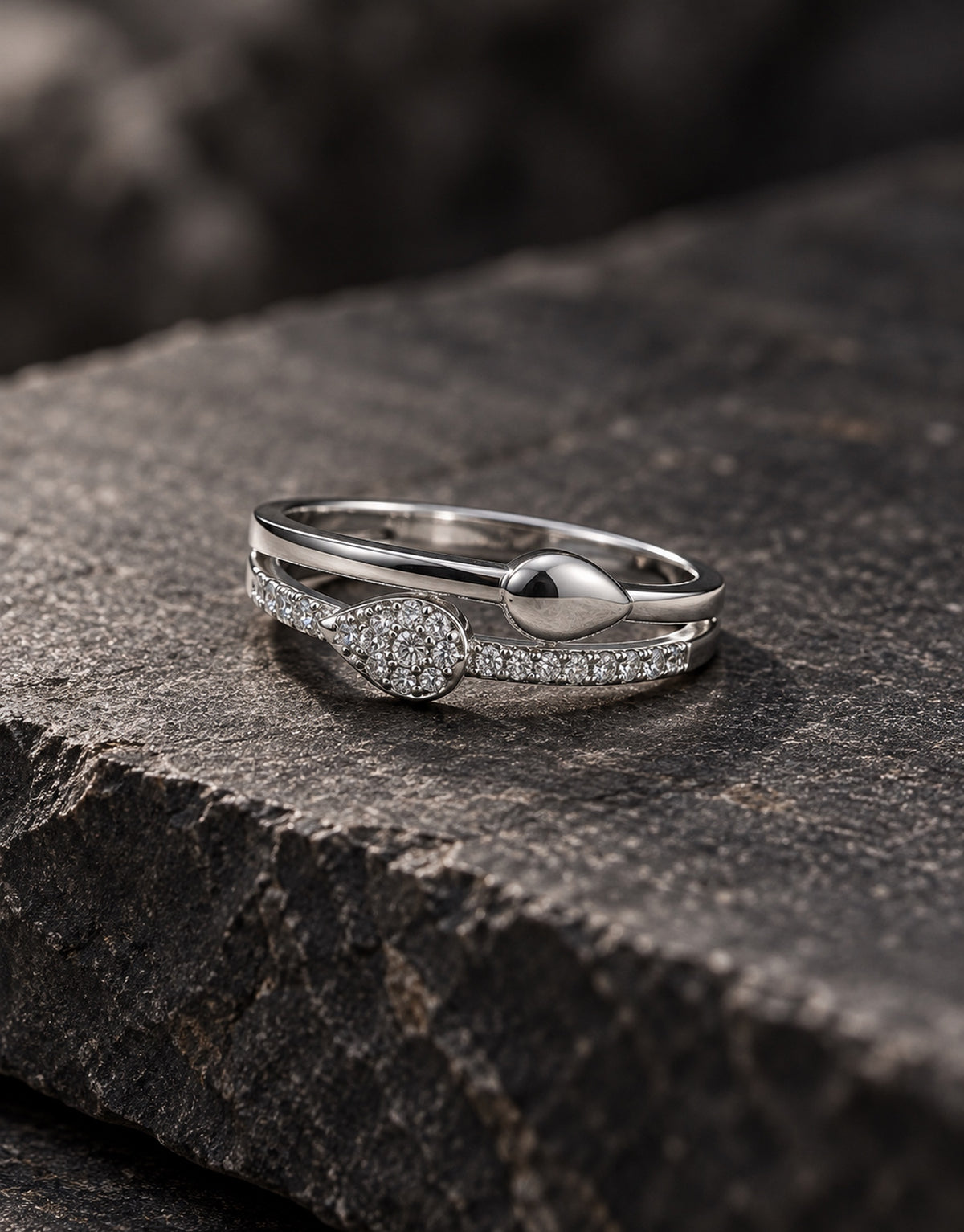 Orneza Silver-Tone Pave Teardrop Double Band Ring — styled view