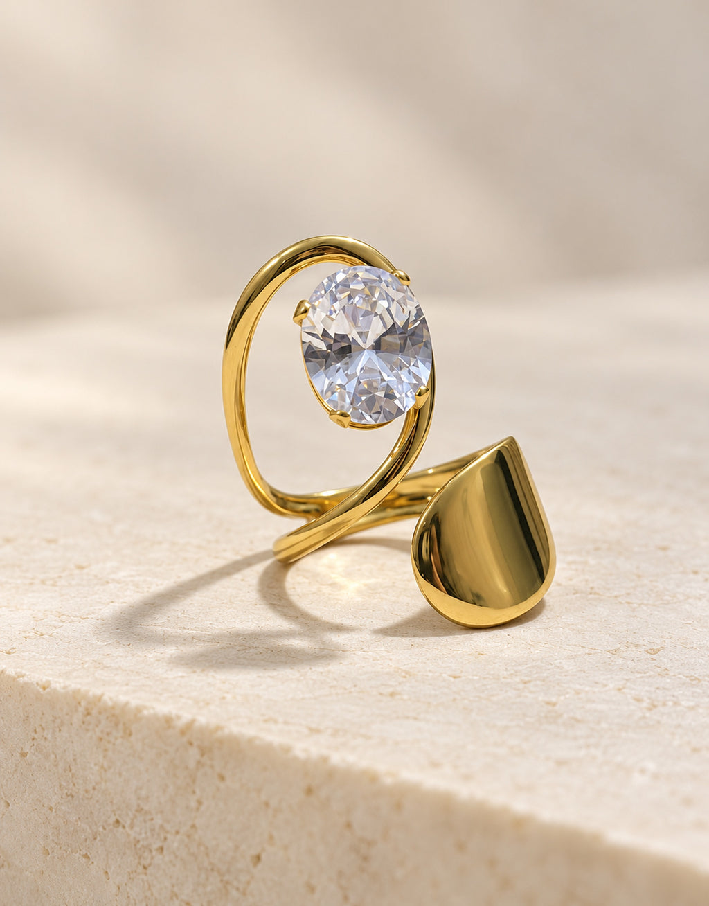 Orneza Gold-Tone Oval Stone and Teardrop Wrap Ring — front view