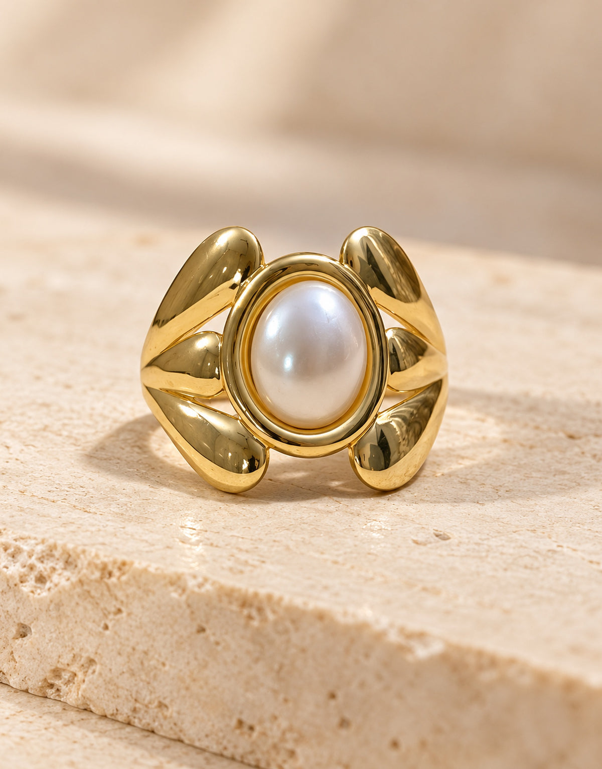 Orneza Gold-Tone Pearl and Petal Ring — front view