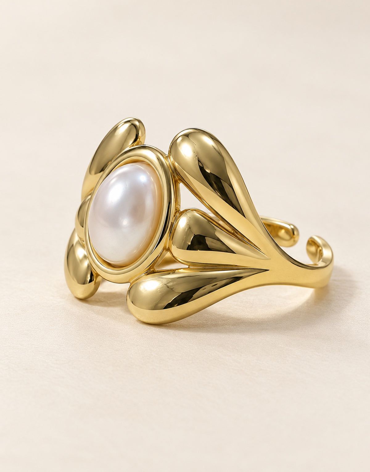 Orneza Gold-Tone Pearl and Petal Ring — angle view