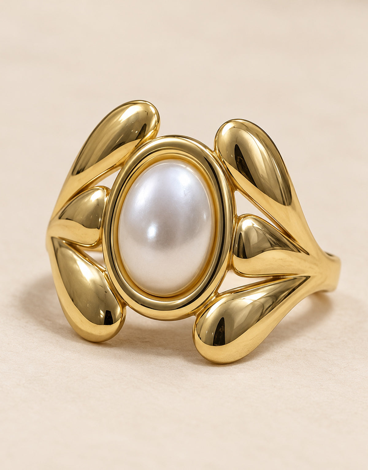 Orneza Gold-Tone Pearl and Petal Ring — detail view