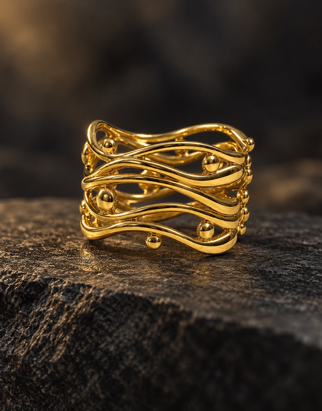 Orneza Gold-Tone Wavy Lattice Wide Ring — styled view