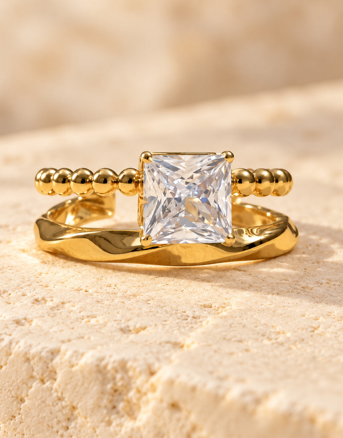 Orneza Gold-Tone Square Stone Double Band Ring — detail view