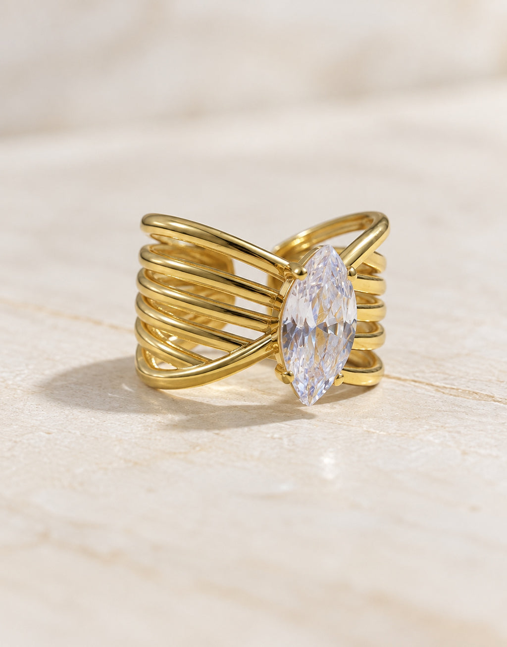 Orneza Gold-Tone Ribbed Marquise Stone Ring — angle view