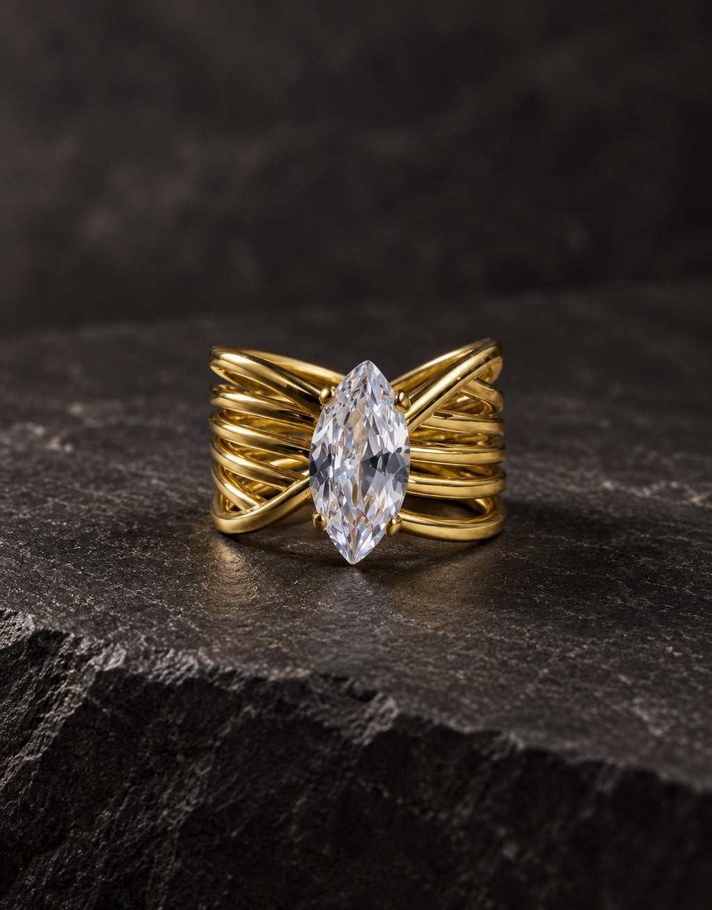 Orneza Gold-Tone Ribbed Marquise Stone Ring — styled view