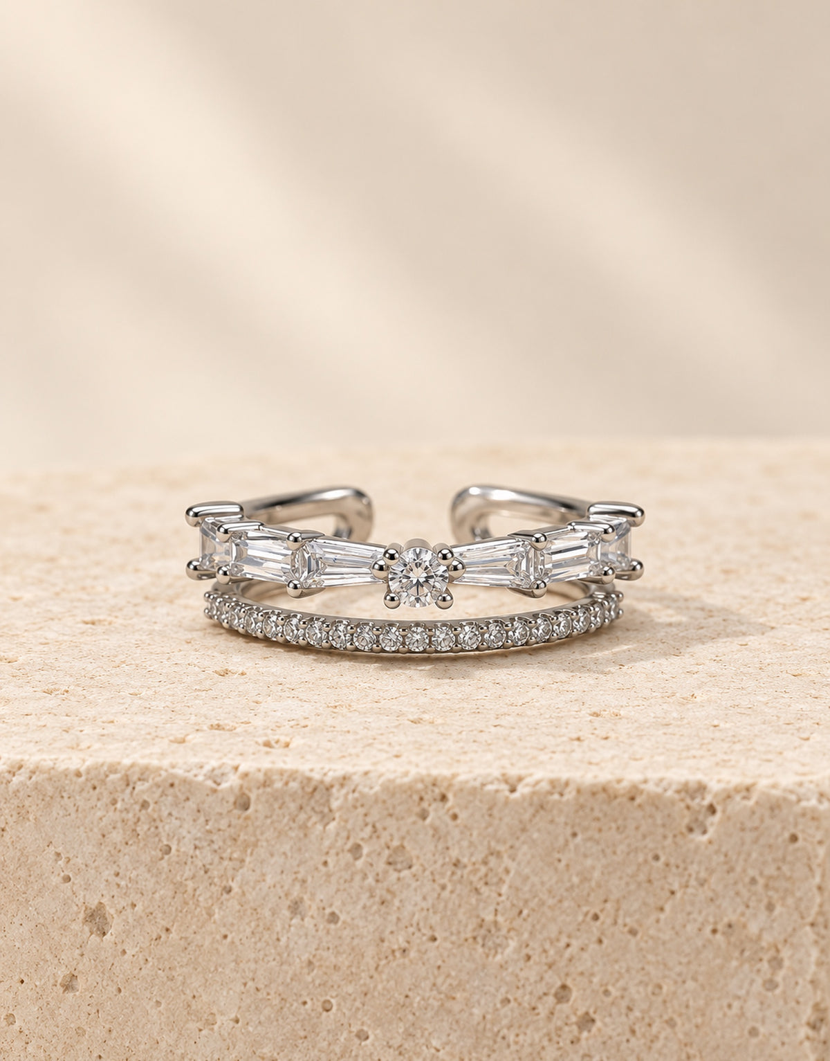 Orneza Silver-Tone Baguette and Pave Double Row Ring — front view