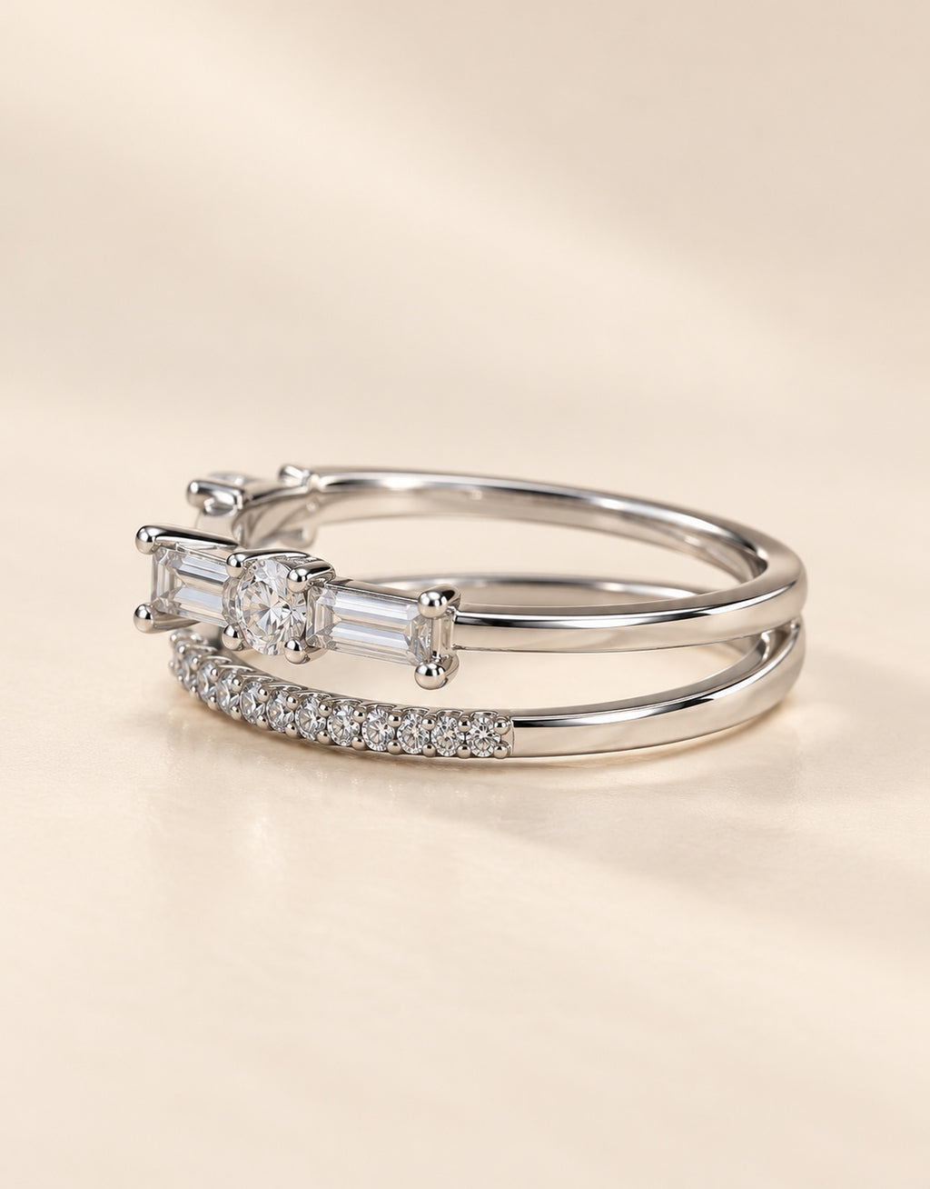 Orneza Silver-Tone Baguette and Pave Double Row Ring — angle view
