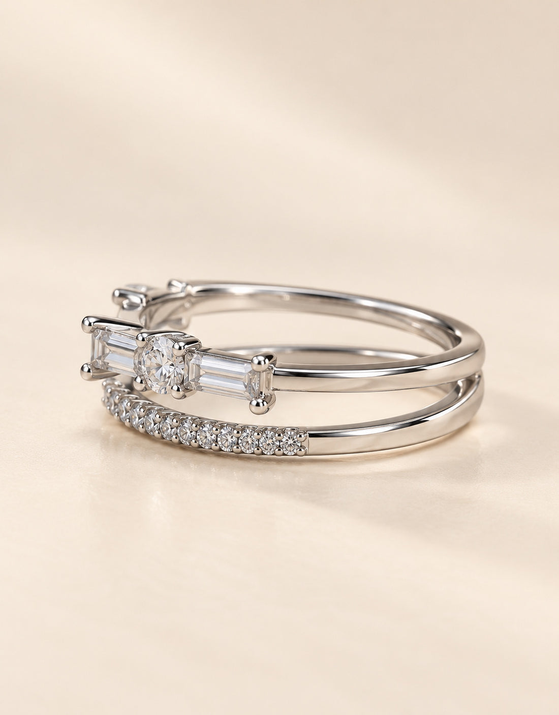 Orneza Silver-Tone Baguette and Pave Double Row Ring — angle view