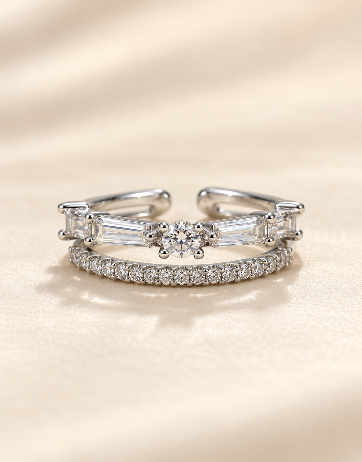 Orneza Silver-Tone Baguette and Pave Double Row Ring — detail view