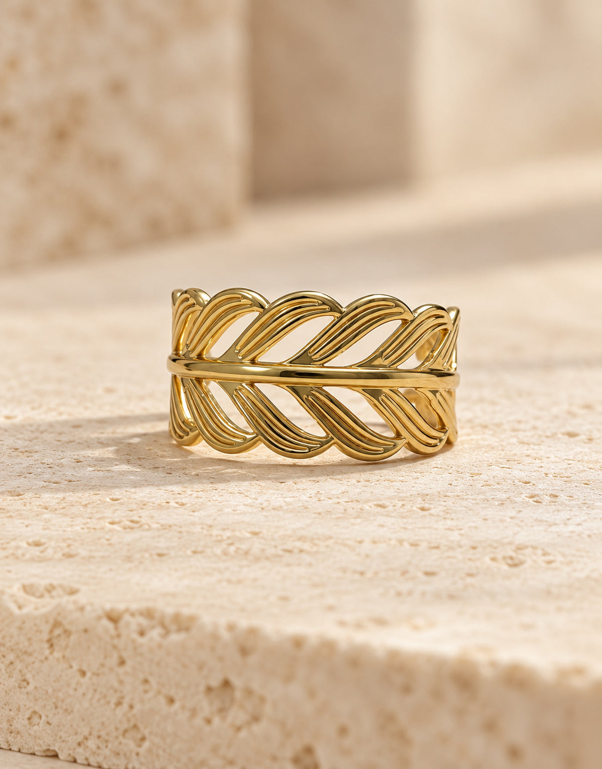 Orneza Gold-Tone Cutout Leaf Band Ring — front view