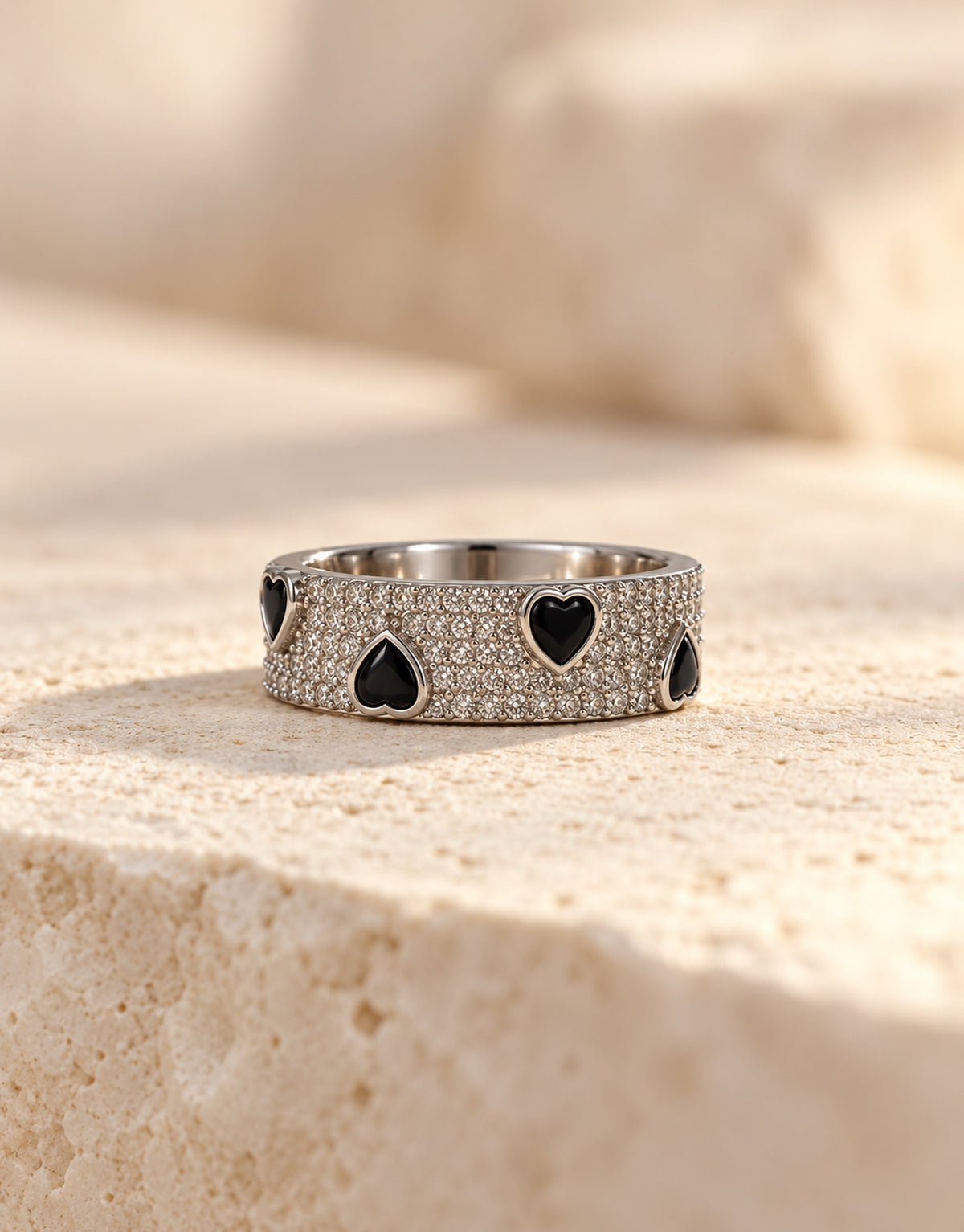 Orneza Silver-Tone Pave Band with Black Hearts Ring — front view