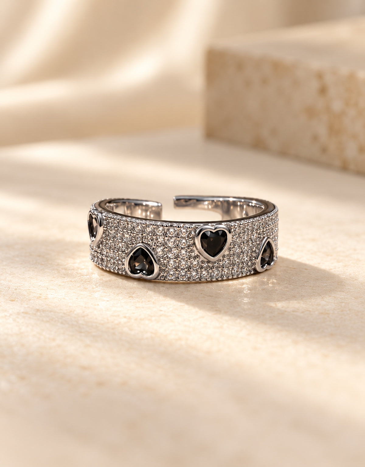 Orneza Silver-Tone Pave Band with Black Hearts Ring — angle view