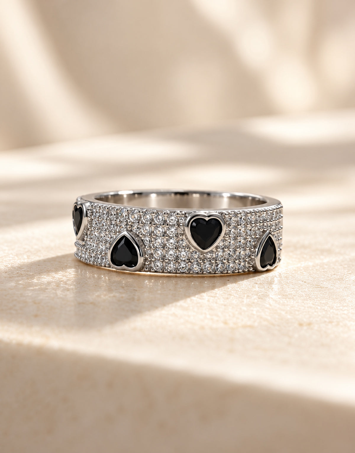 Orneza Silver-Tone Pave Band with Black Hearts Ring — detail view