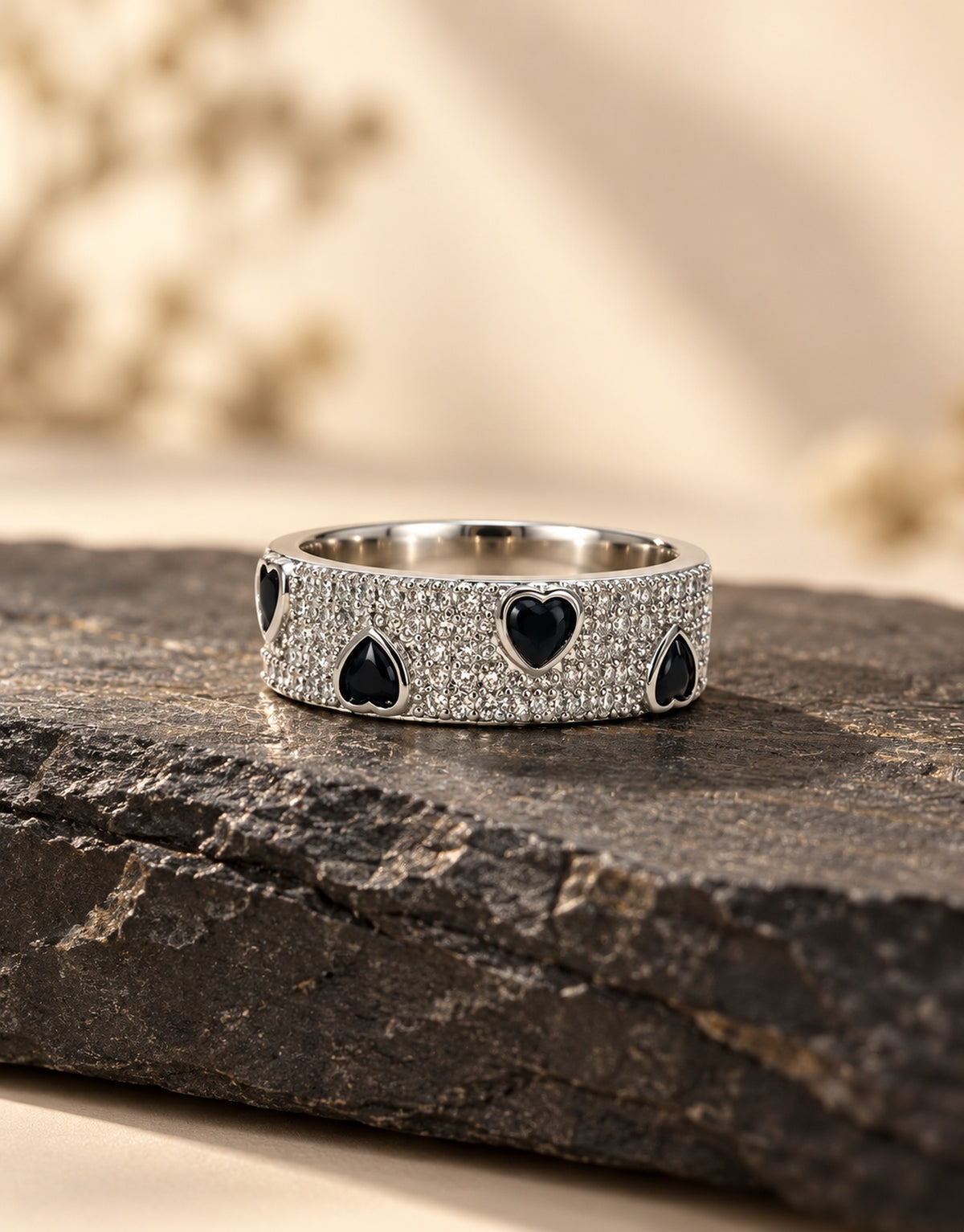 Orneza Silver-Tone Pave Band with Black Hearts Ring — styled view