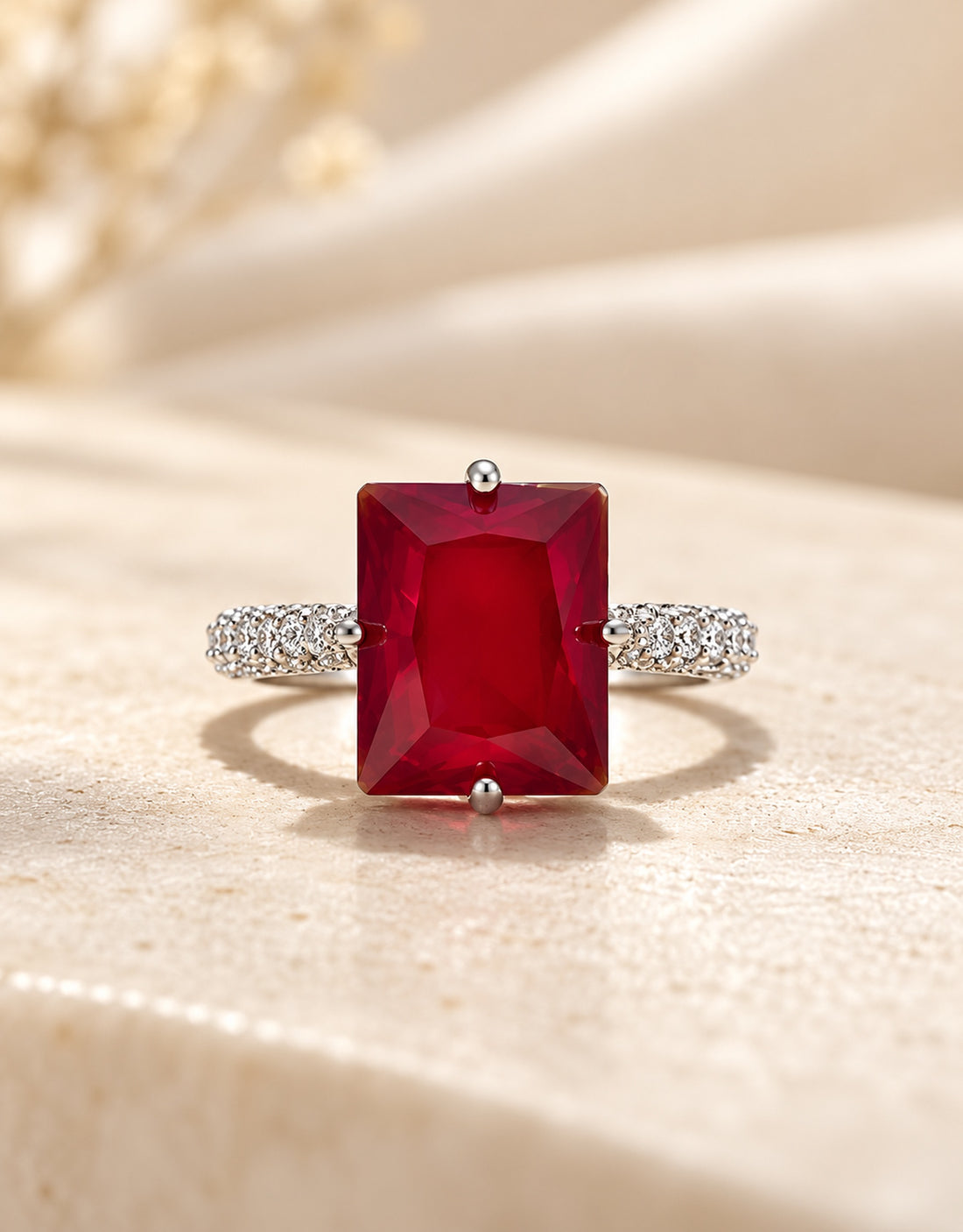 Orneza Silver-Tone Red Rectangle Stone Ring — detail view