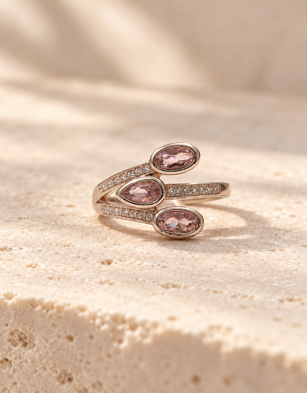 Orneza Rose-Gold-Tone Three Pink Stone Ring — front view