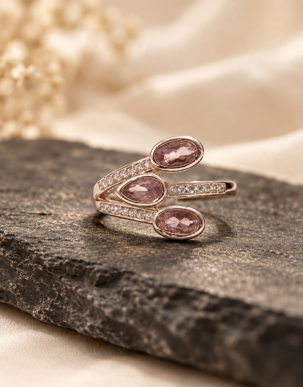 Orneza Rose-Gold-Tone Three Pink Stone Ring — styled view