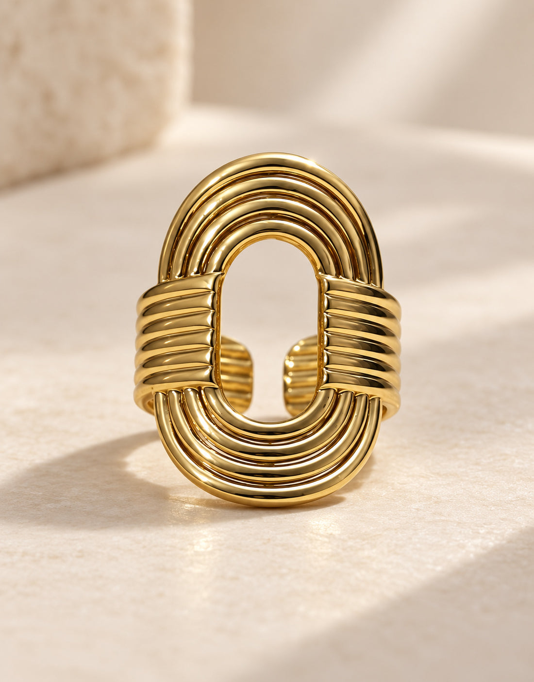 Orneza Gold-Tone Ribbed Open Oval Ring — detail view
