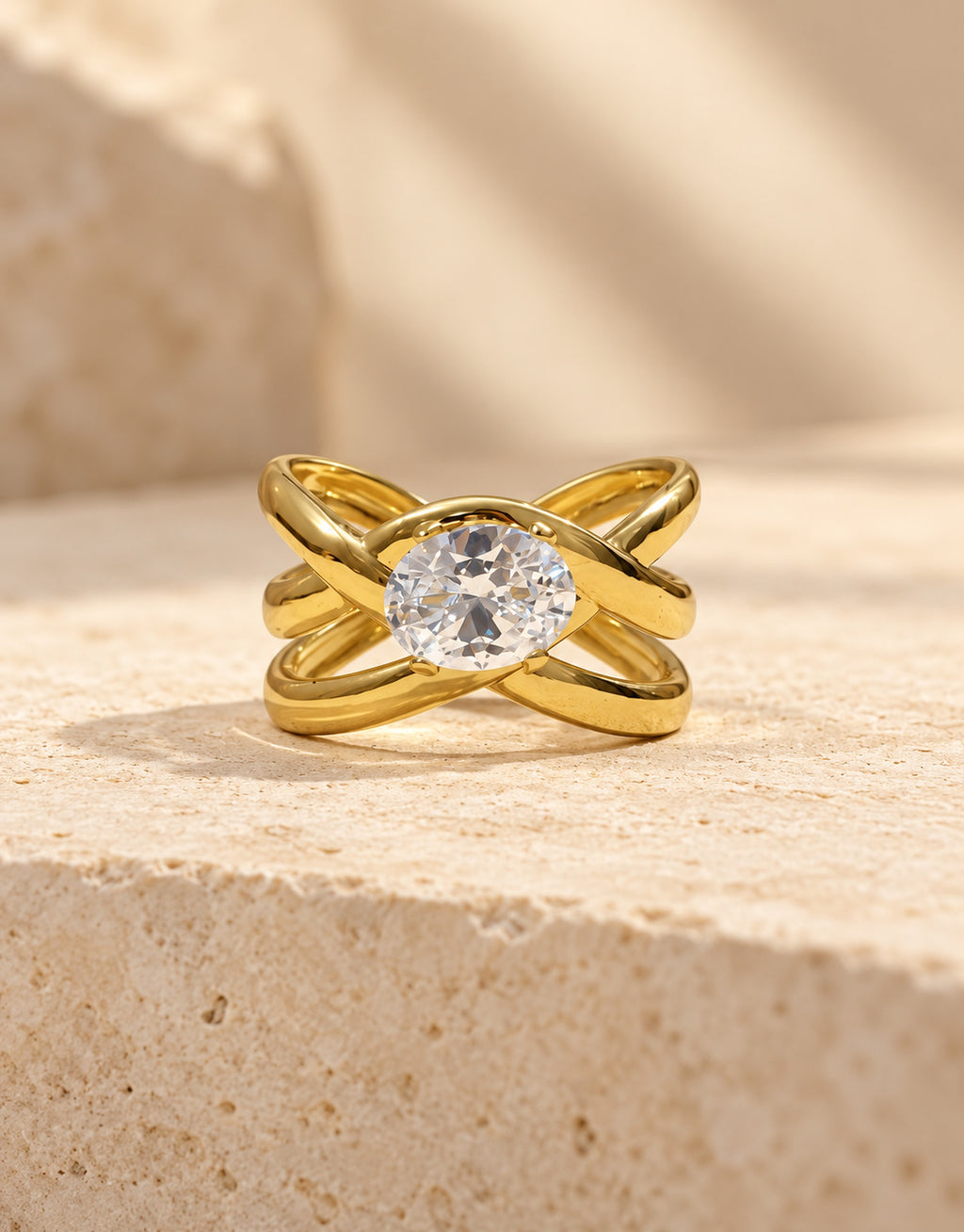 Orneza Gold-Tone Clear Stone Crossover Ring — front view