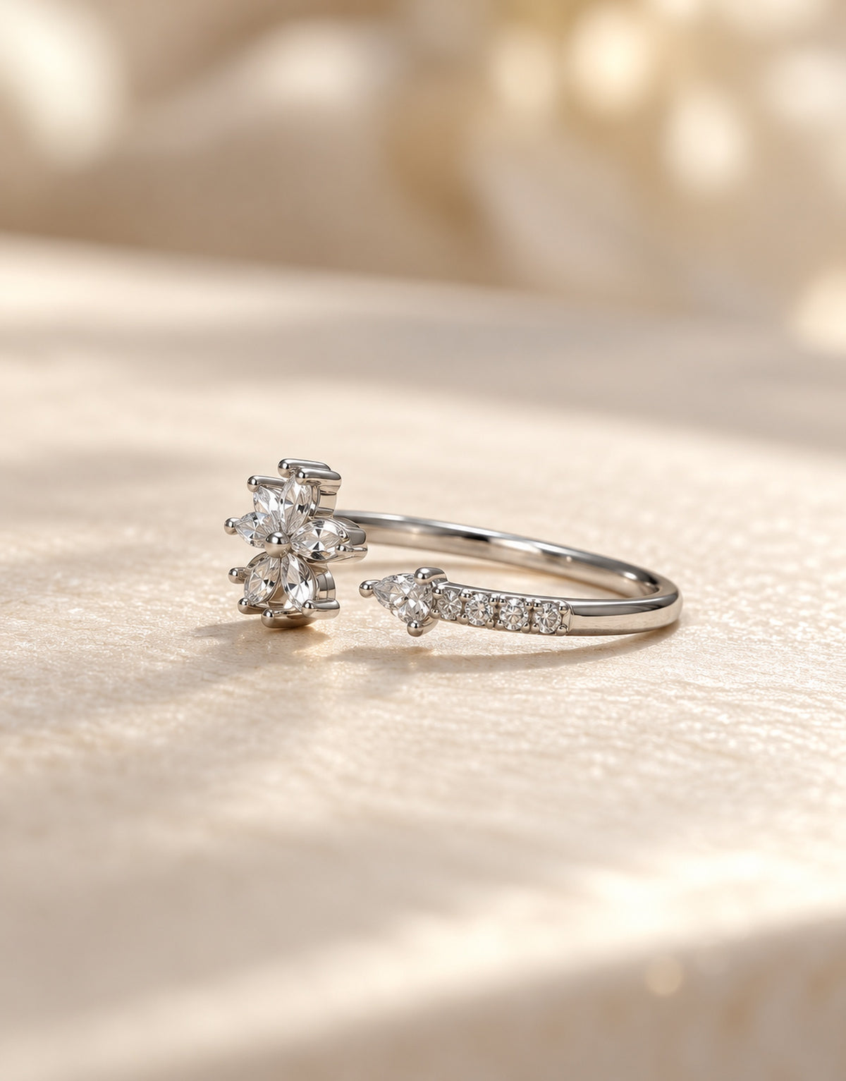 Orneza Silver-Tone Crystal Flower Open Ring — angle view