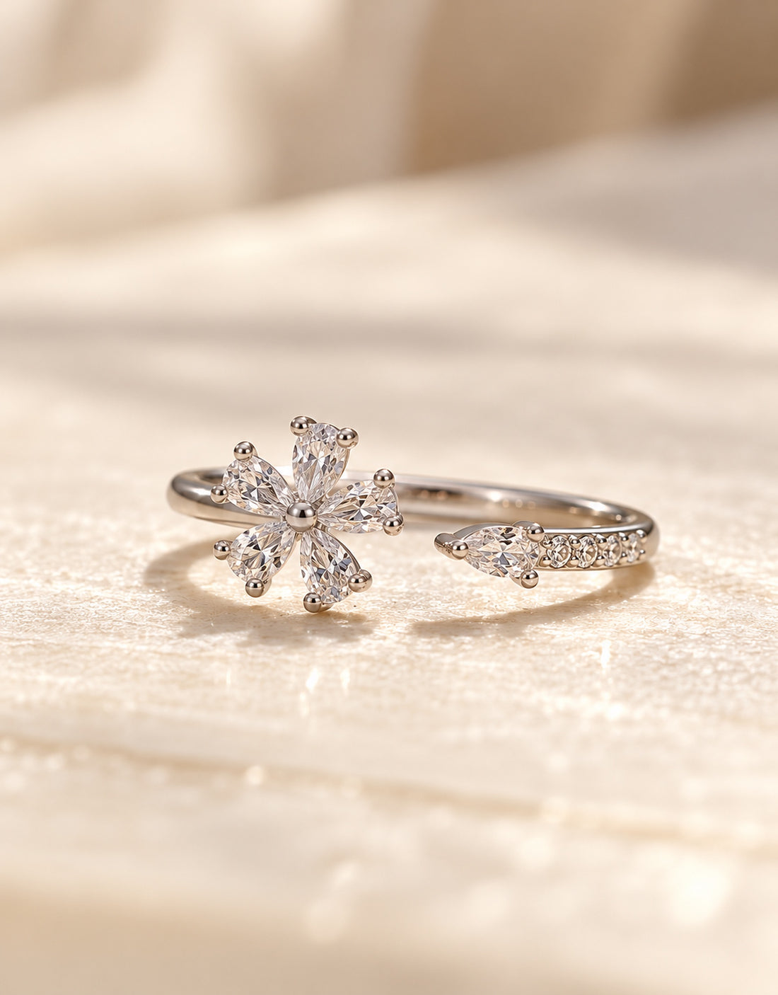 Orneza Silver-Tone Crystal Flower Open Ring — detail view