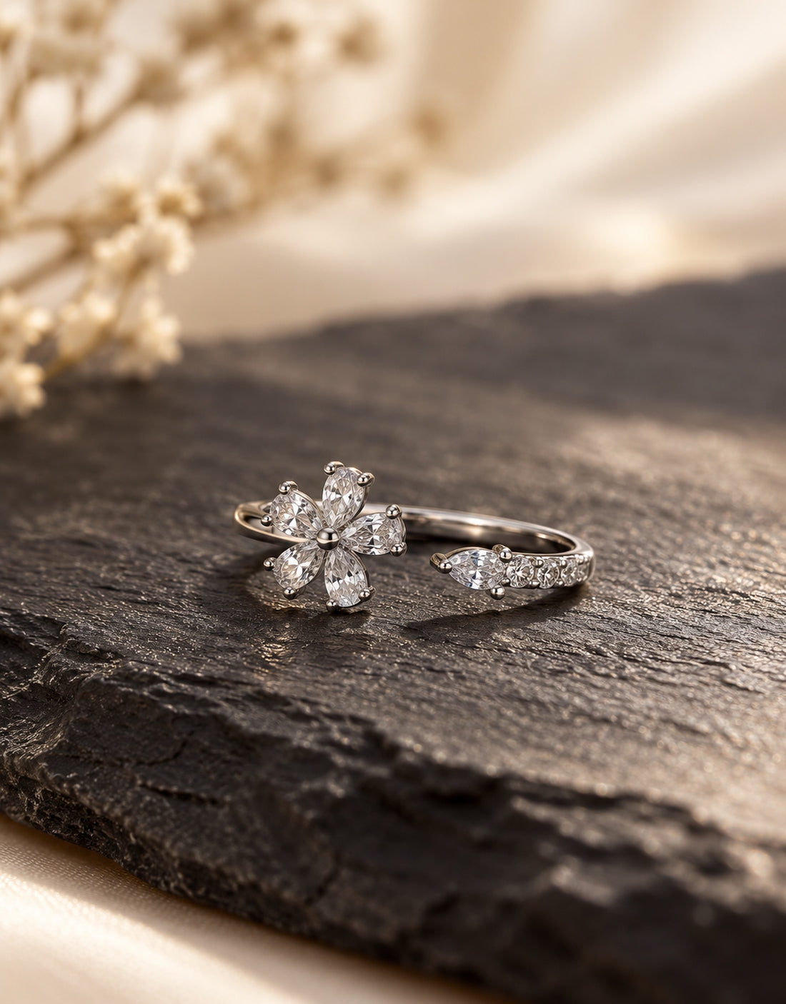 Orneza Silver-Tone Crystal Flower Open Ring — styled view