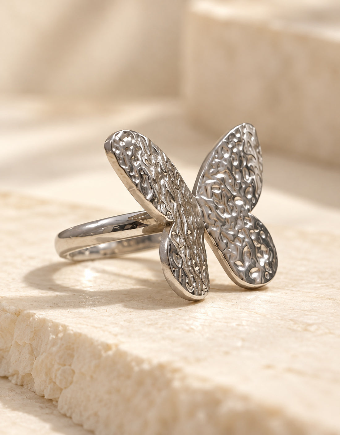 Orneza Silver-Tone Textured Butterfly Ring — angle view