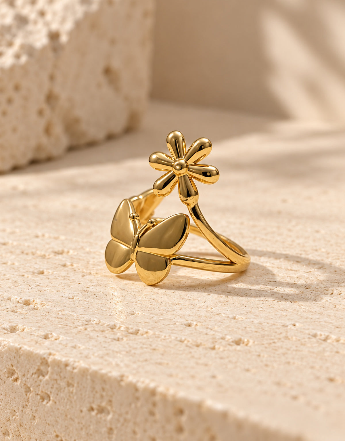 Orneza Gold-Tone Daisy and Butterfly Open Ring — front view
