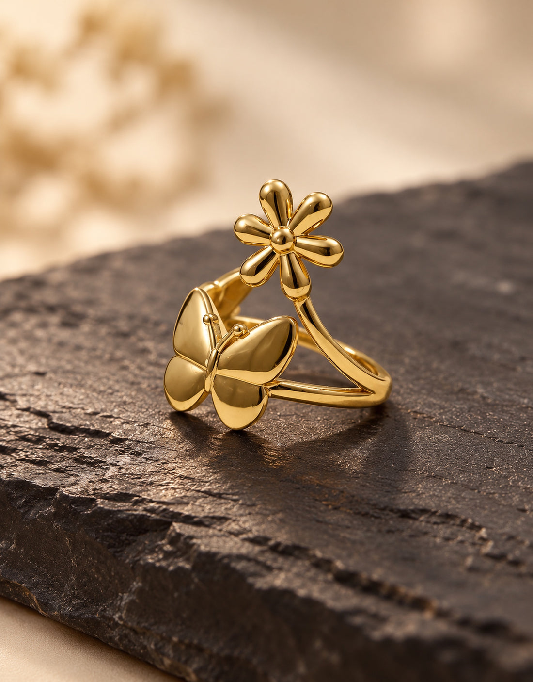 Orneza Gold-Tone Daisy and Butterfly Open Ring — styled view