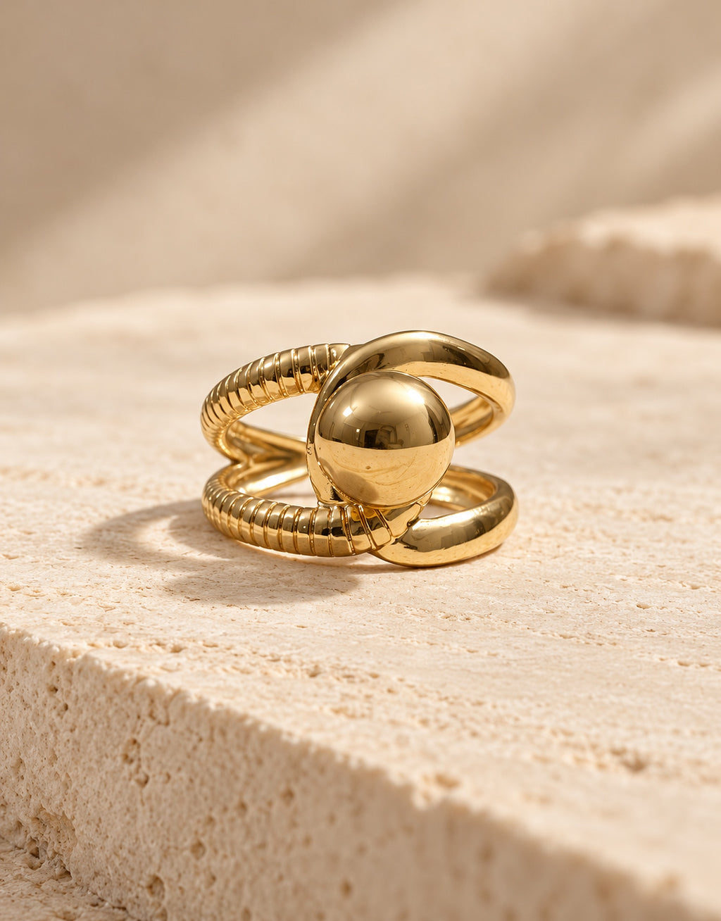 Orneza Gold-Tone Ball and Ribbed Loop Ring — front view