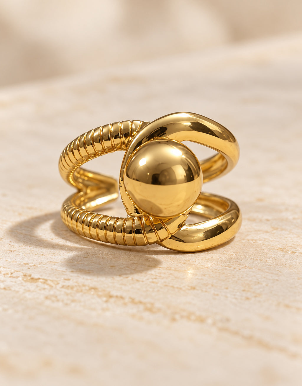 Orneza Gold-Tone Ball and Ribbed Loop Ring — detail view