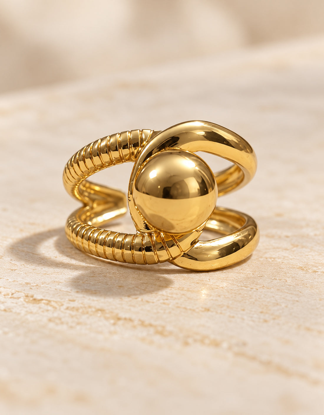 Orneza Gold-Tone Ball and Ribbed Loop Ring — detail view