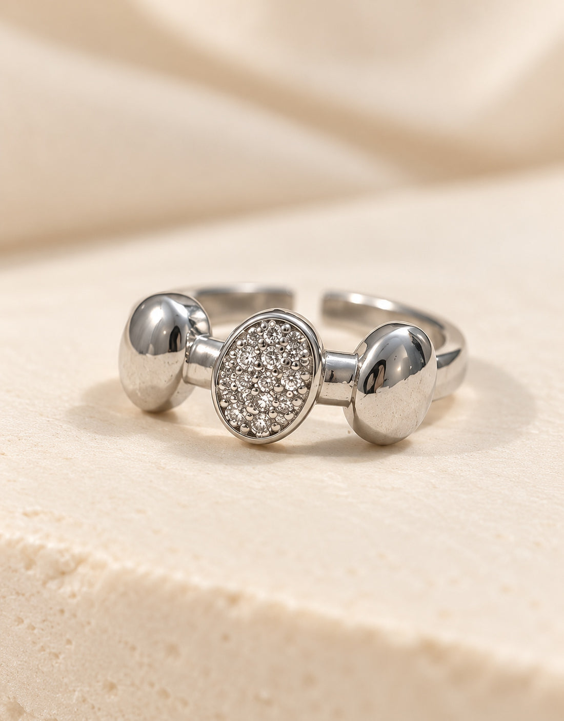 Orneza Silver-Tone Pave Disc and Polished Dome Ring — detail view