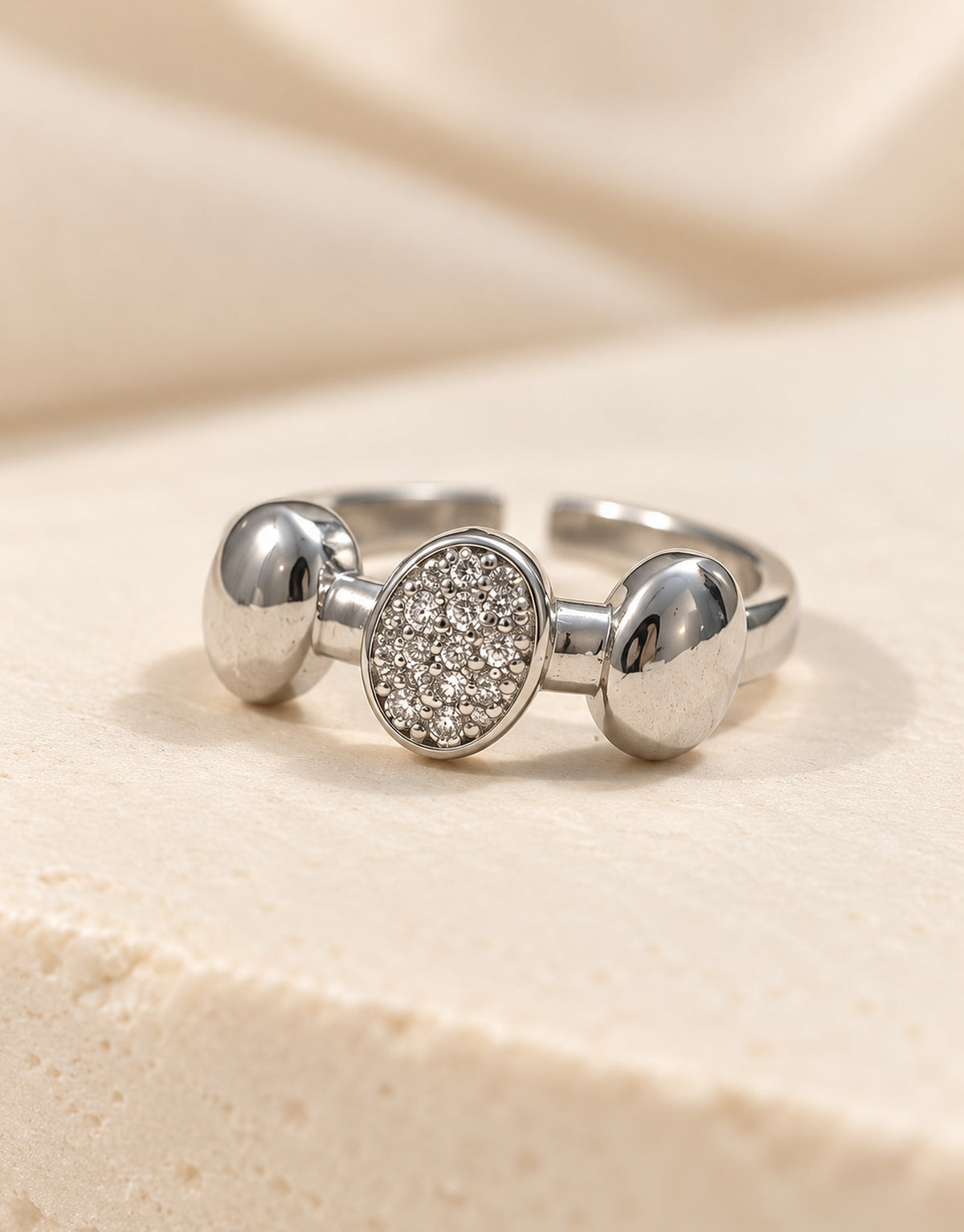 Orneza Silver-Tone Pave Disc and Polished Dome Ring — detail view