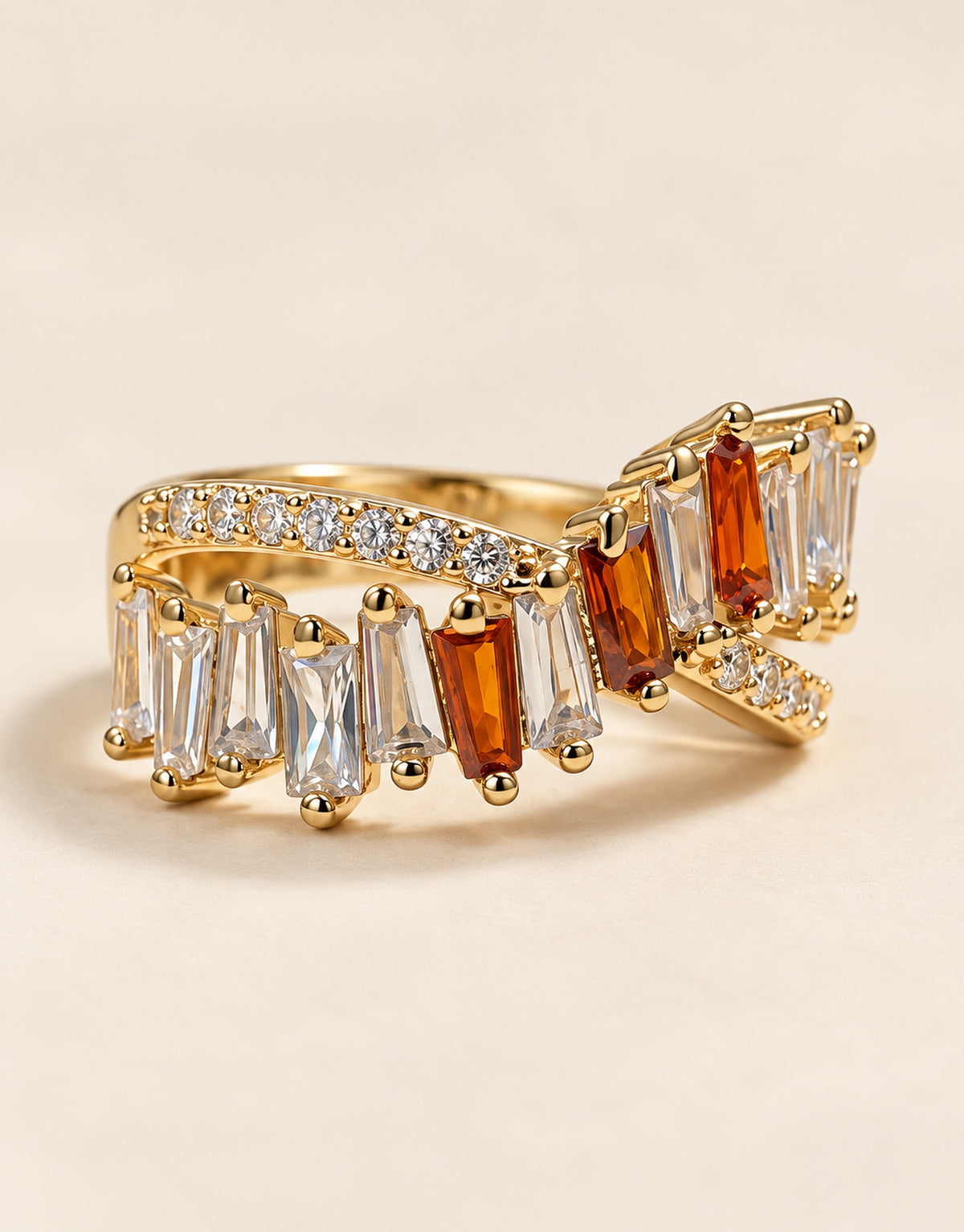 Orneza Gold-Tone Asymmetric Baguette Stone Ring — front view