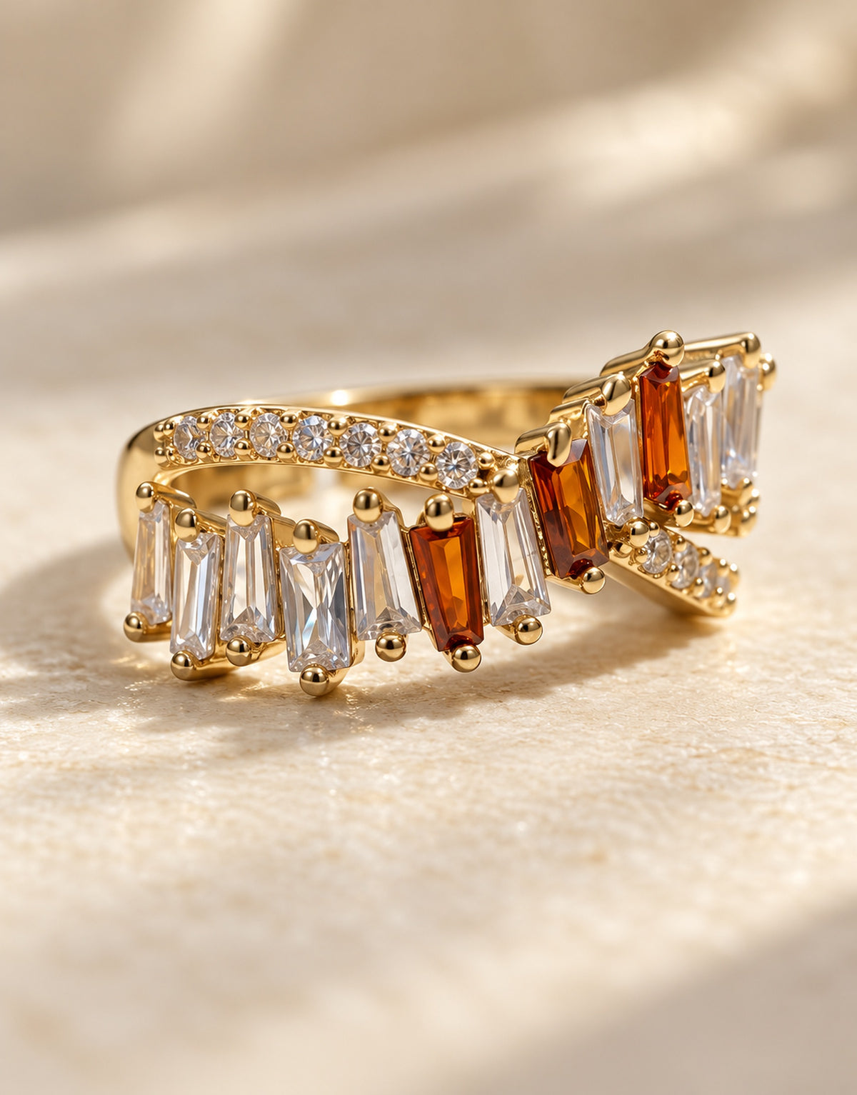 Orneza Gold-Tone Asymmetric Baguette Stone Ring — detail view