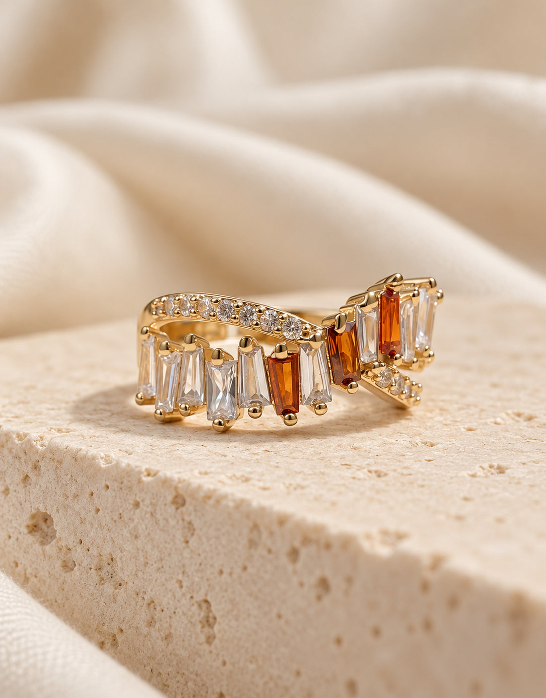 Orneza Gold-Tone Asymmetric Baguette Stone Ring — styled view