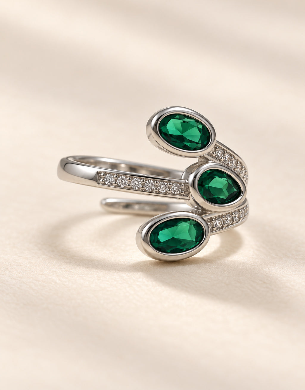 Orneza Silver-Tone Three Green Stone Wrap Ring — front view