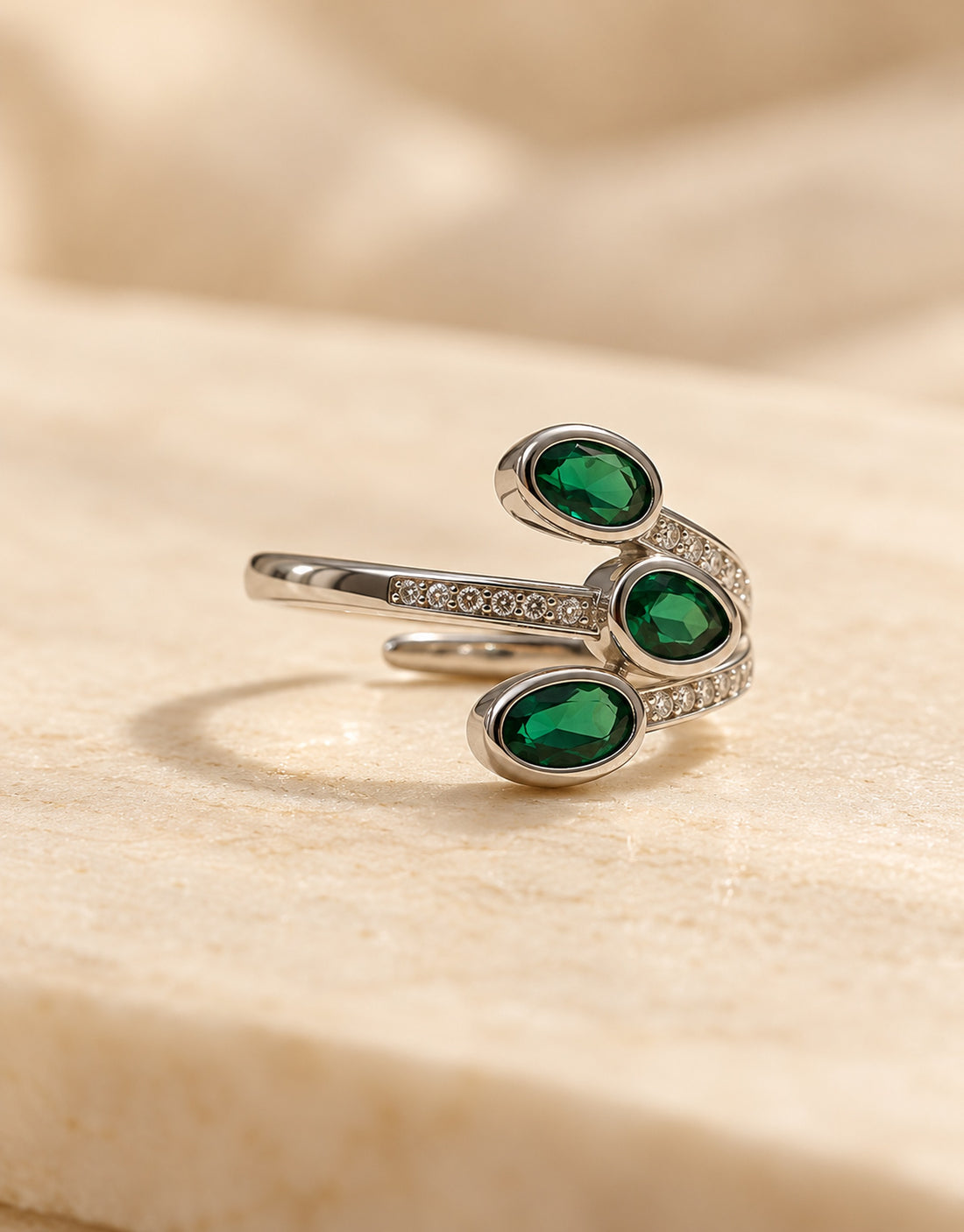 Orneza Silver-Tone Three Green Stone Wrap Ring — angle view