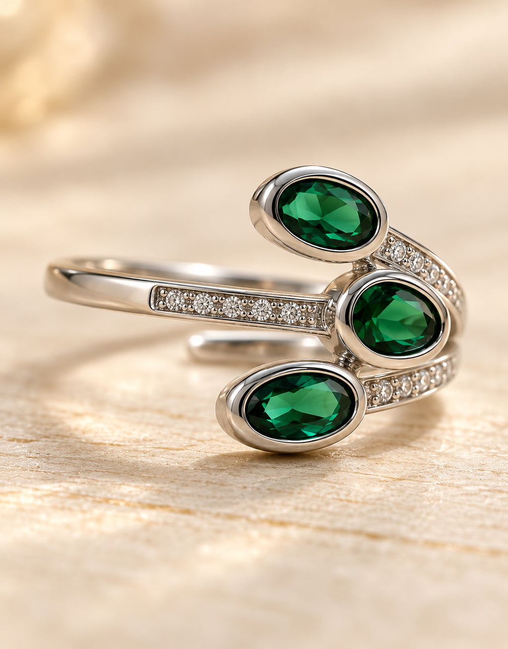 Orneza Silver-Tone Three Green Stone Wrap Ring — detail view