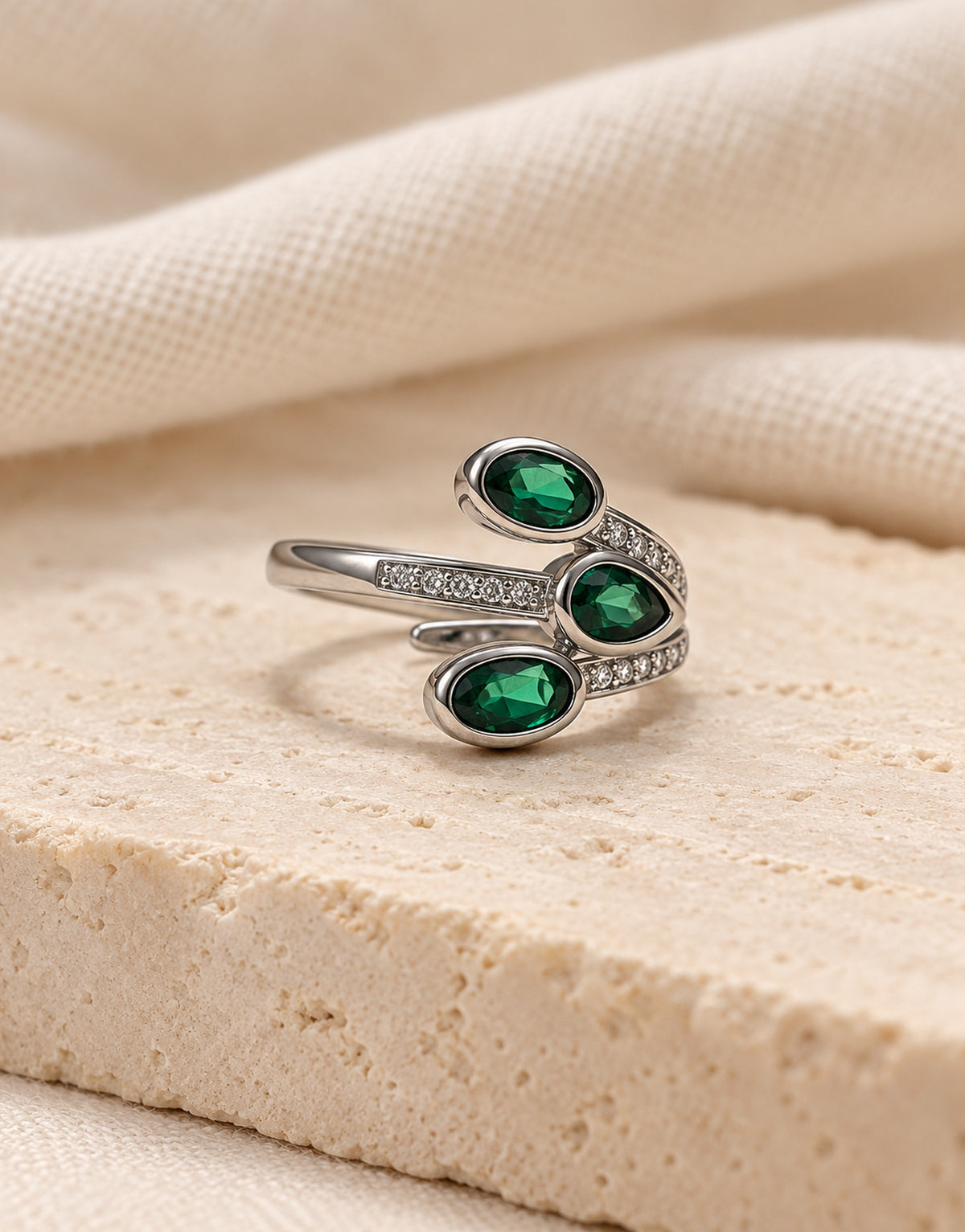 Orneza Silver-Tone Three Green Stone Wrap Ring — styled view