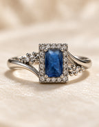 Orneza Silver-Tone Blue Rectangle Halo Ring — detail view