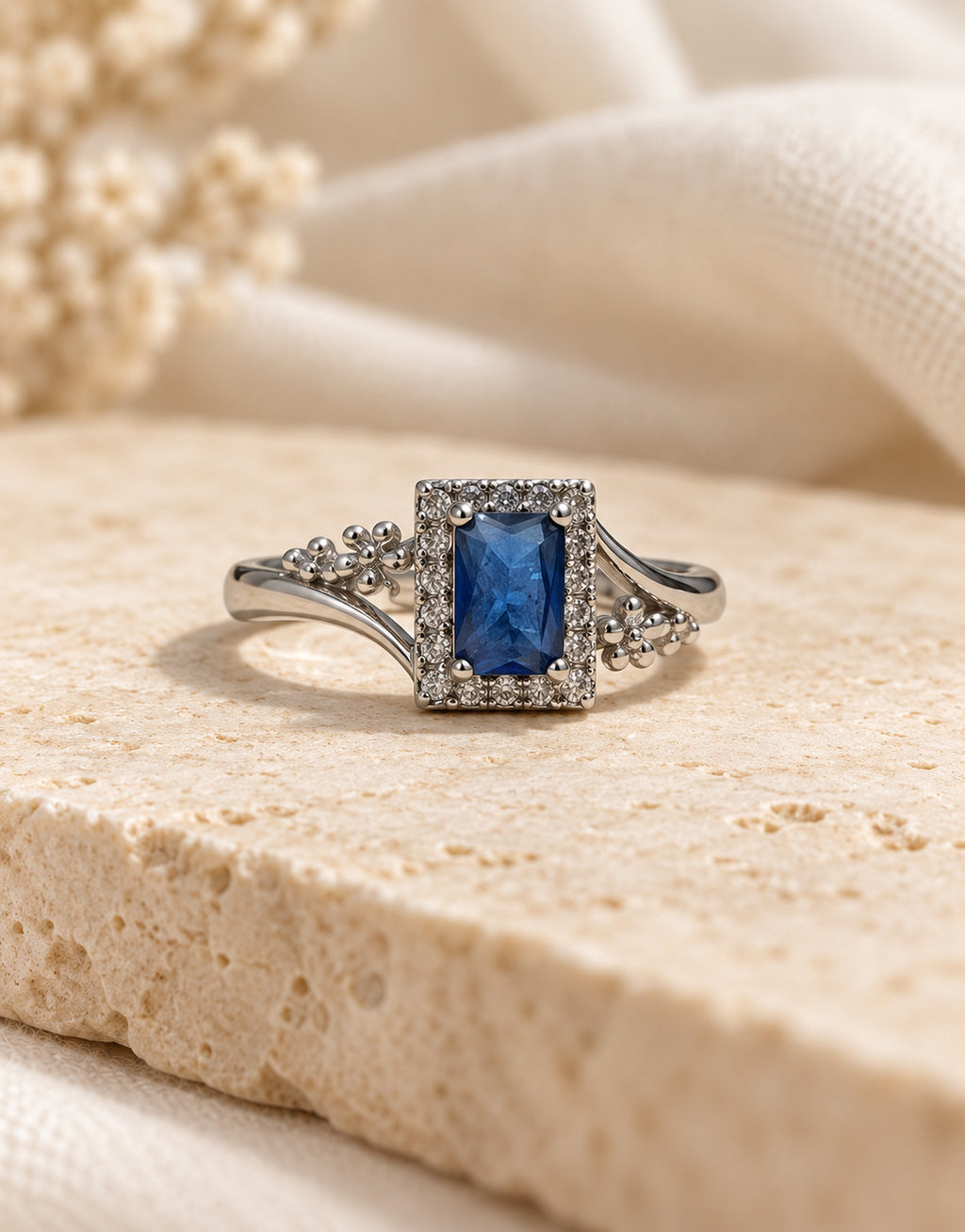 Orneza Silver-Tone Blue Rectangle Halo Ring — styled view