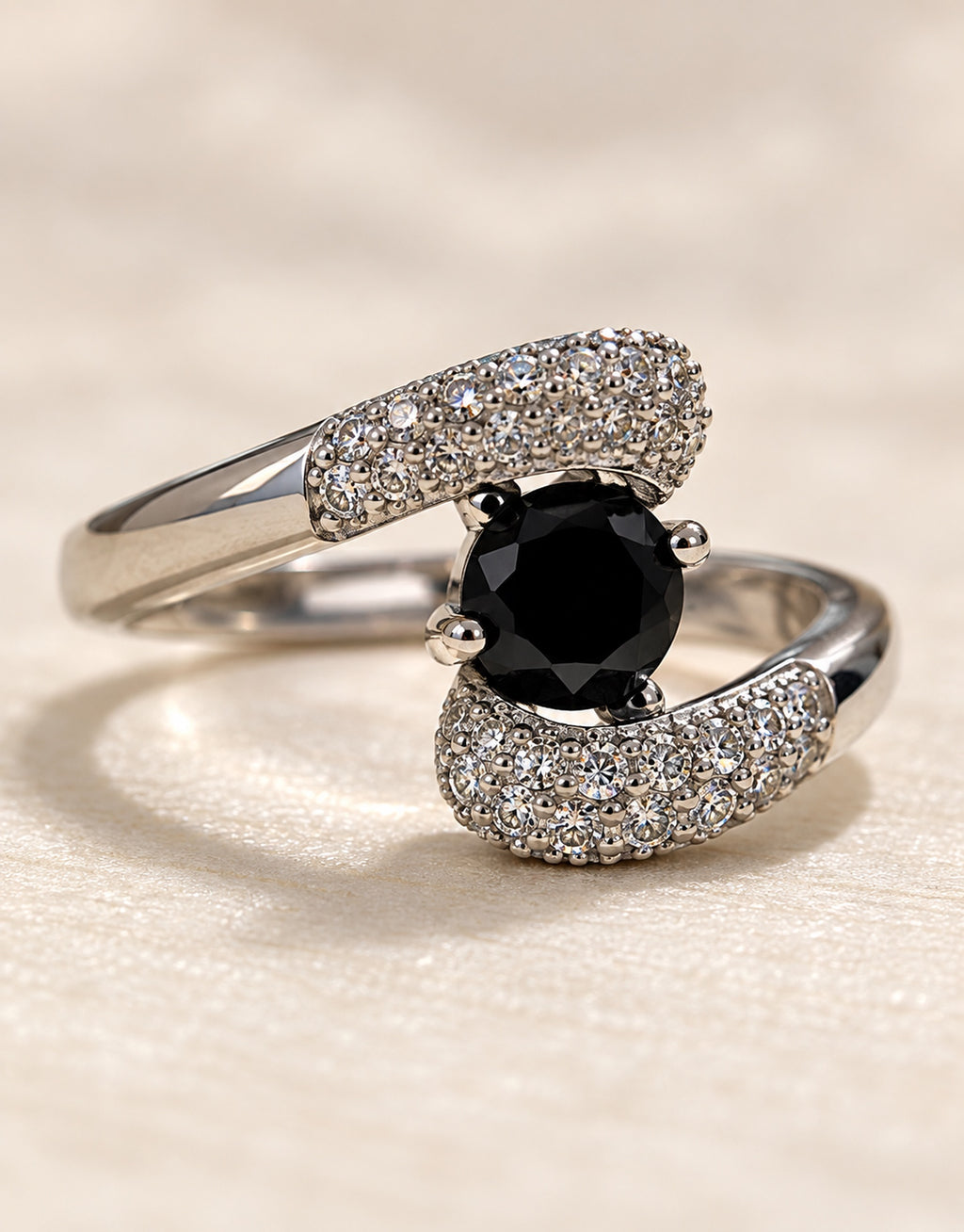 Orneza Silver-Tone Black Stone Pave Wrap Ring — detail view