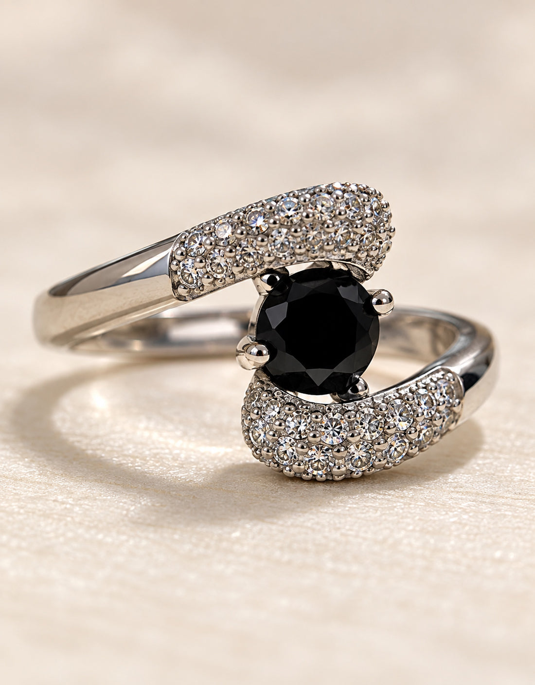 Orneza Silver-Tone Black Stone Pave Wrap Ring — detail view