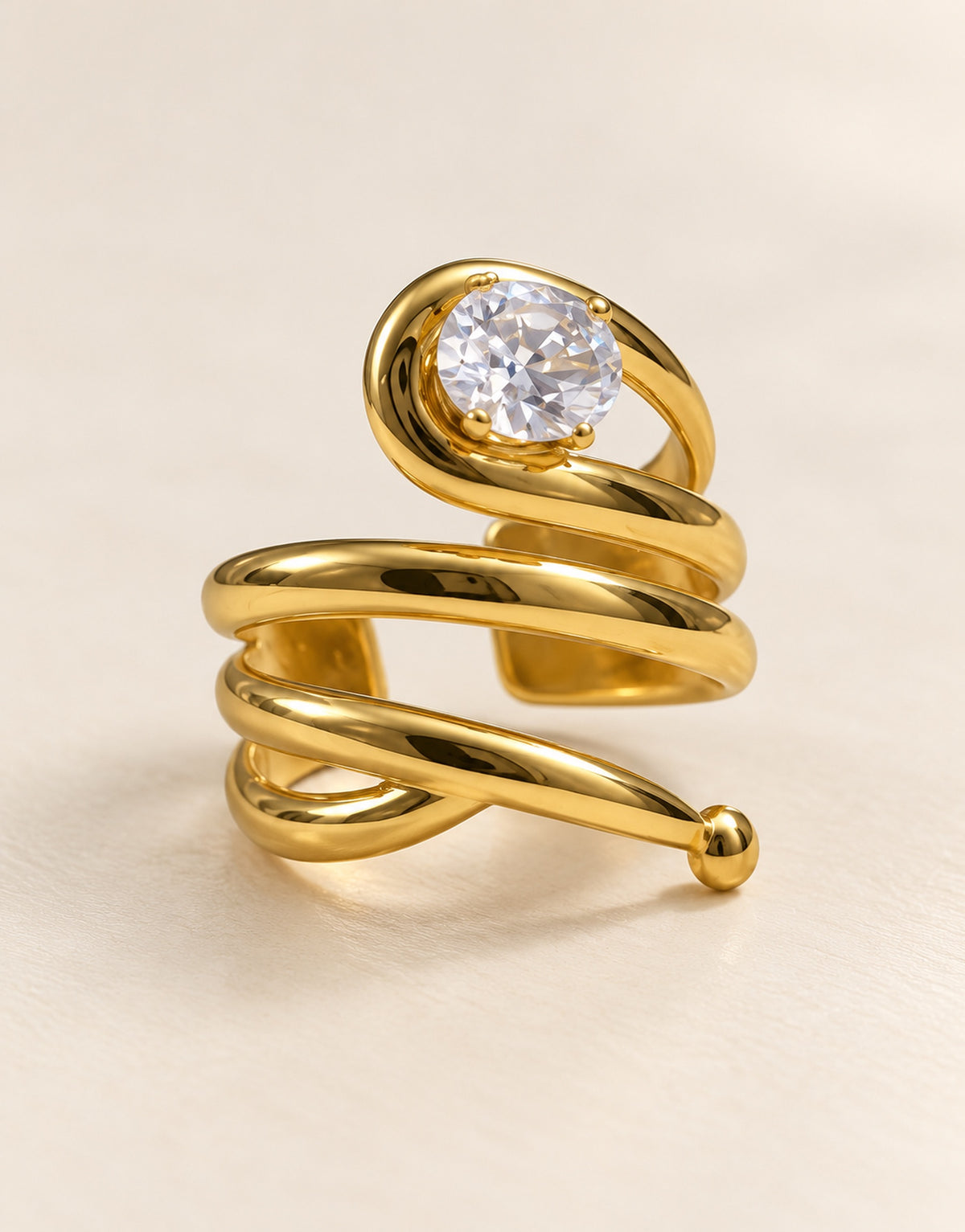 Orneza Gold-Tone Coiled Spiral Clear Stone Ring — front view